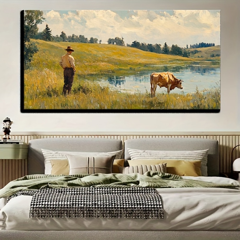 Art Print Framed - Natural landscape vintage oil painting, printed
